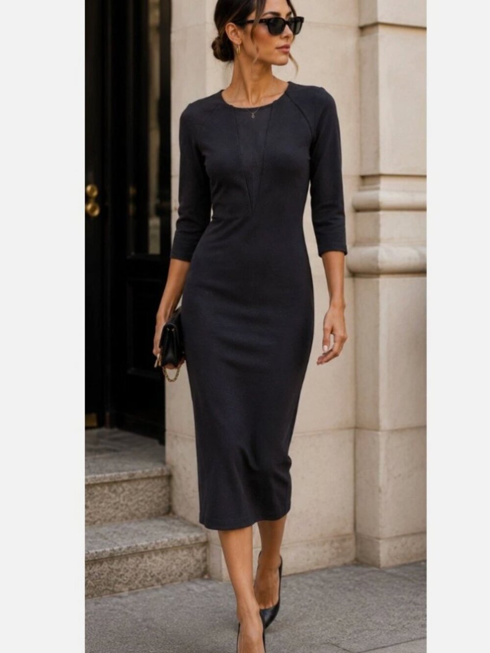 Alice + Olivia Black Mesh V-Neck Long Sleeve Midi Sheath Dress